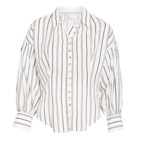 Joie Minya Gathered Blouse Top In Porcelain Stripe Cotton - Picture 15 of 16